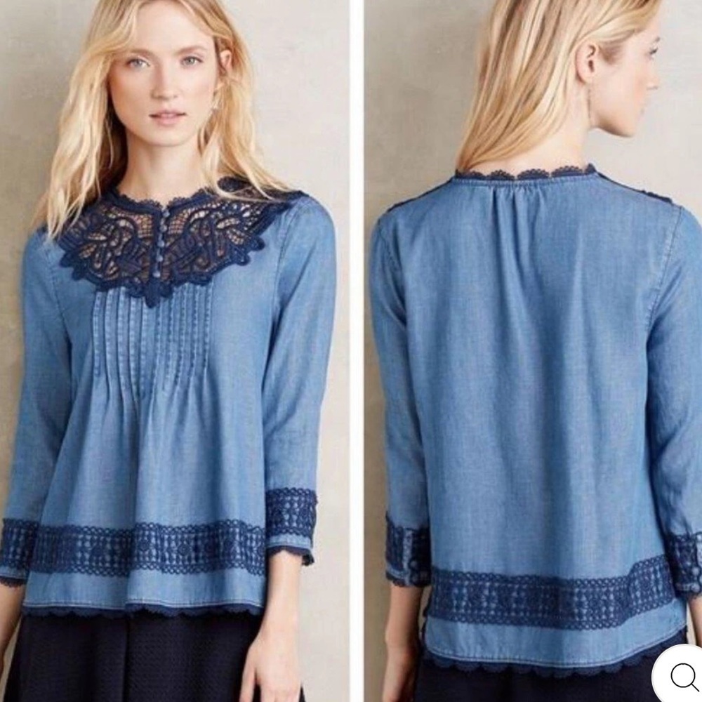 Anthropologie Holding Horses Chambray Pleated Eyelet Boho Crochet Top